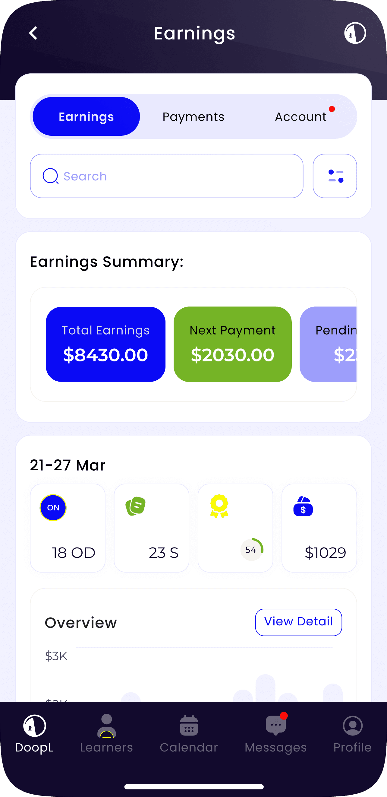 Explore the DoopL Instructor Earnings Dashboard, featuring total earnings, next payment amount, pending balance, and weekly session statistics for instructors across Victoria.