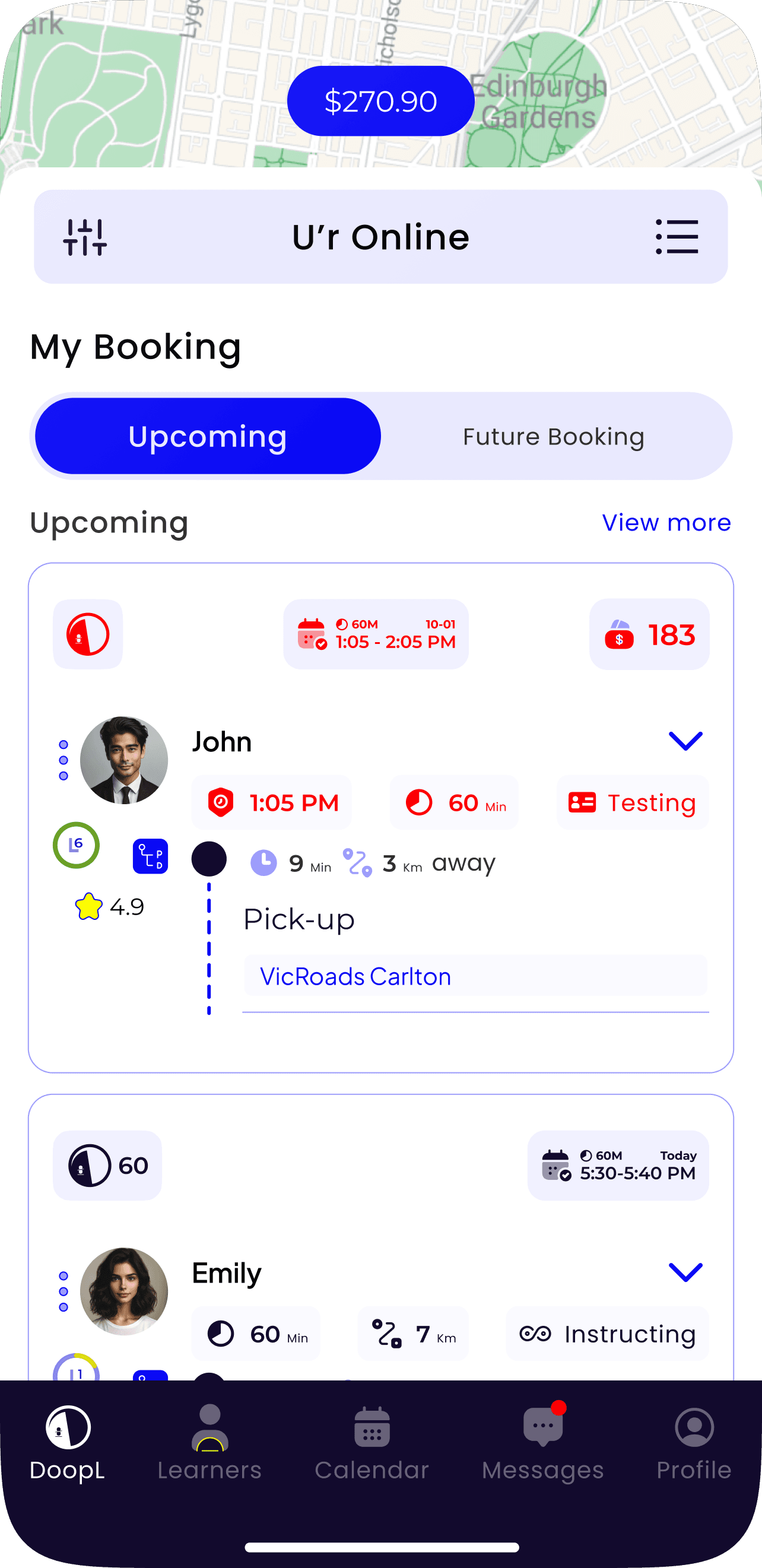 View the DoopL Instructor Upcoming Bookings dashboard, featuring real-time lesson schedules, learner distances, earnings, and easy workflow tools for instructors in Victoria.